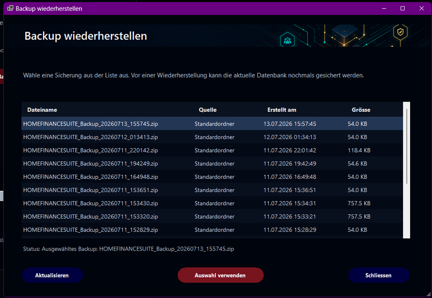 Backup wiederherstellen mit Sicherungsauswahl